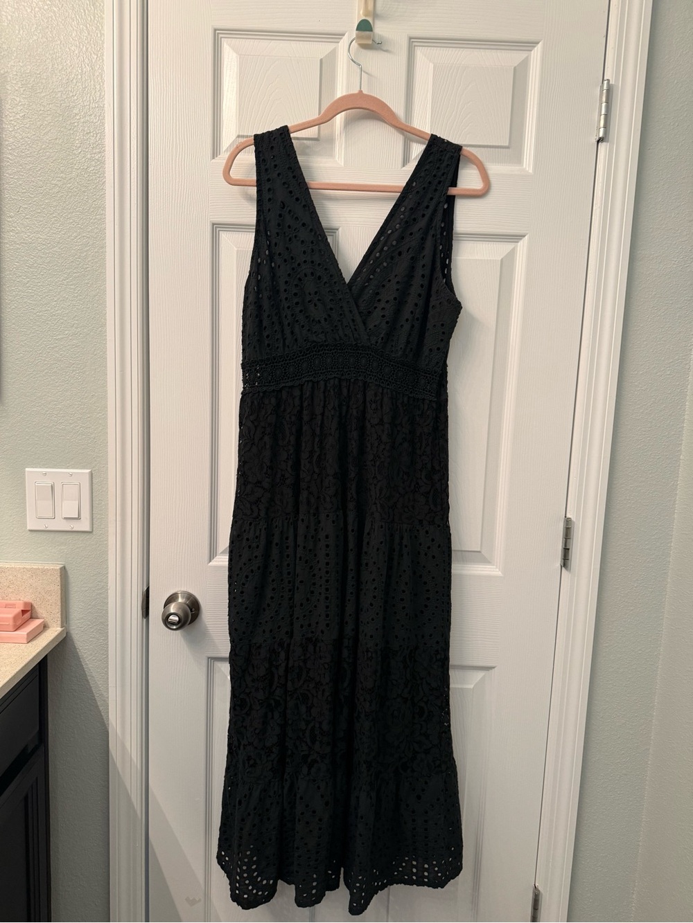 Tempo Paris Black Eyelet Maxi Dress with V-Neck